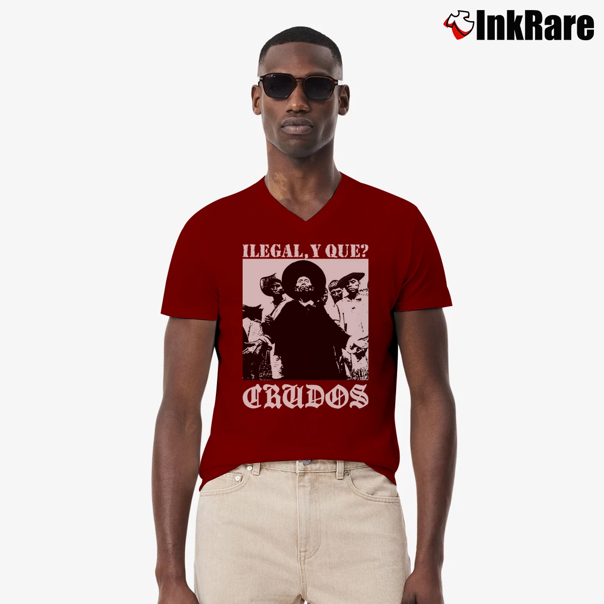 Men’s Los Crudos Ilegal Y Que V-Neck Tee in maroon | Sharp, Breathable, Everyday Staple