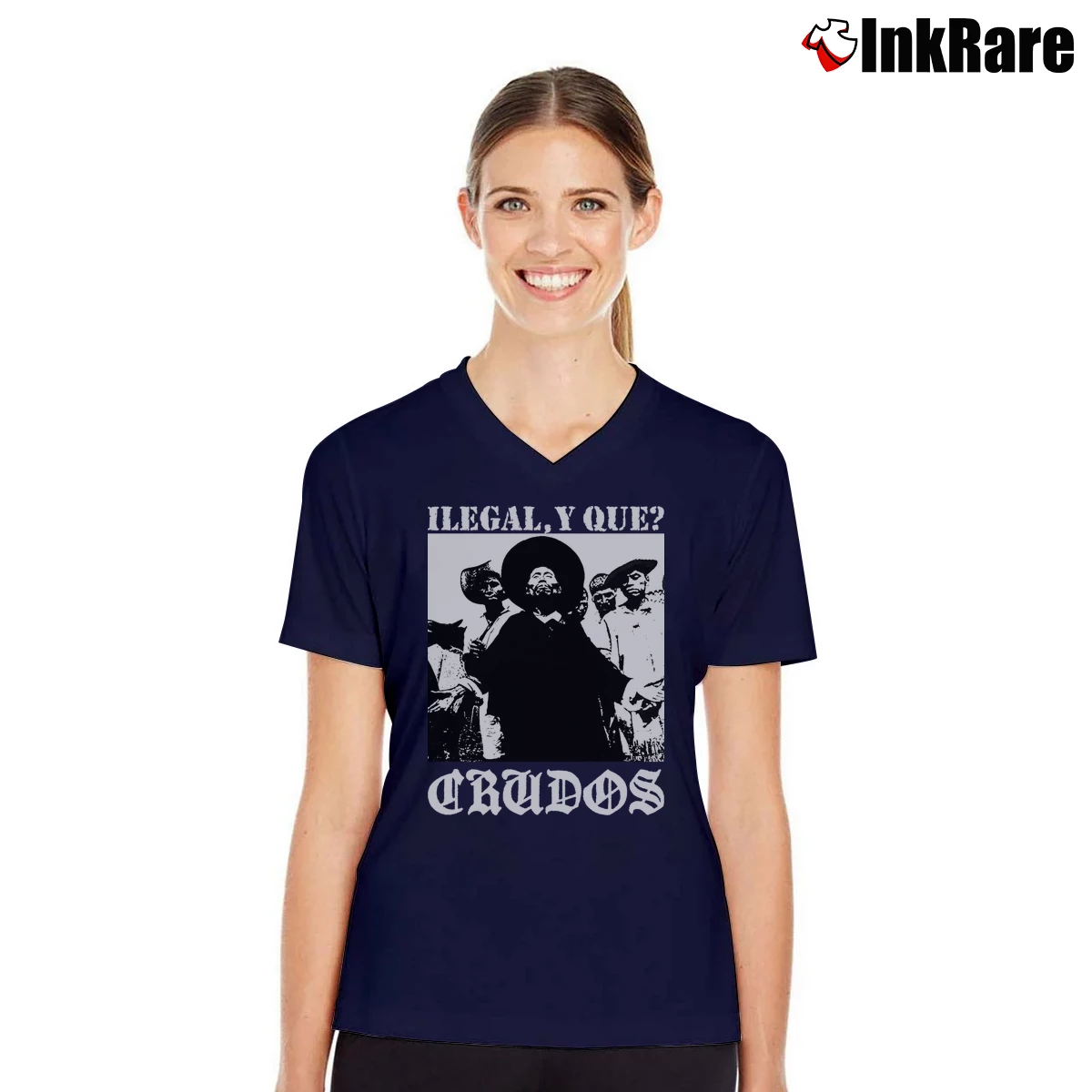 Women’s Los Crudos Ilegal Y Que V-Neck Tee in navy | Chic Neckline, Soft Texture