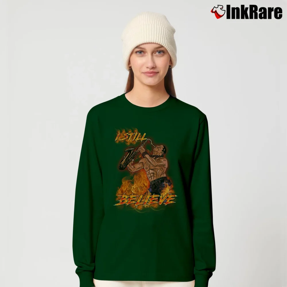 Women’s Lost Boys Saxophone Guy I Still Believe Long-Sleeve Top in forest green | Sleek, Versatile, All-Season
