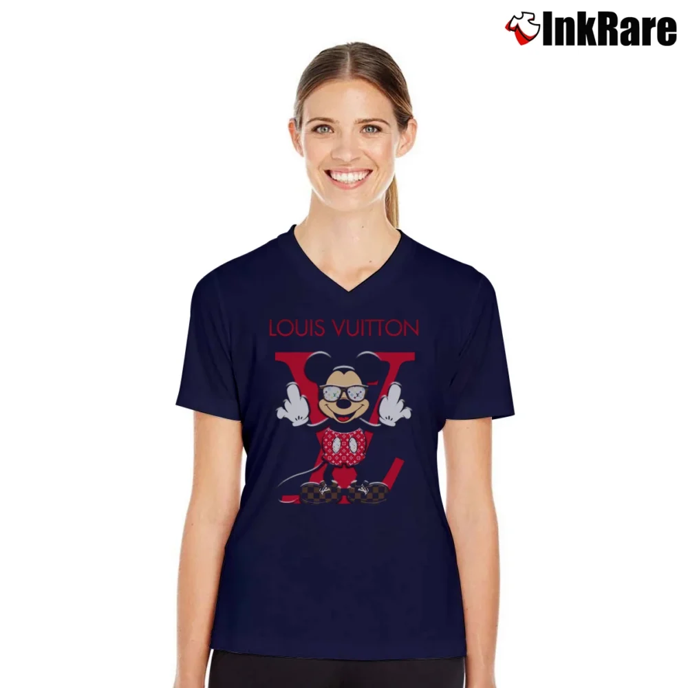 Women’s Louis Vuitton Mickey Mouse Logo Fashion V-Neck Tee in navy | Chic Neckline, Soft Texture