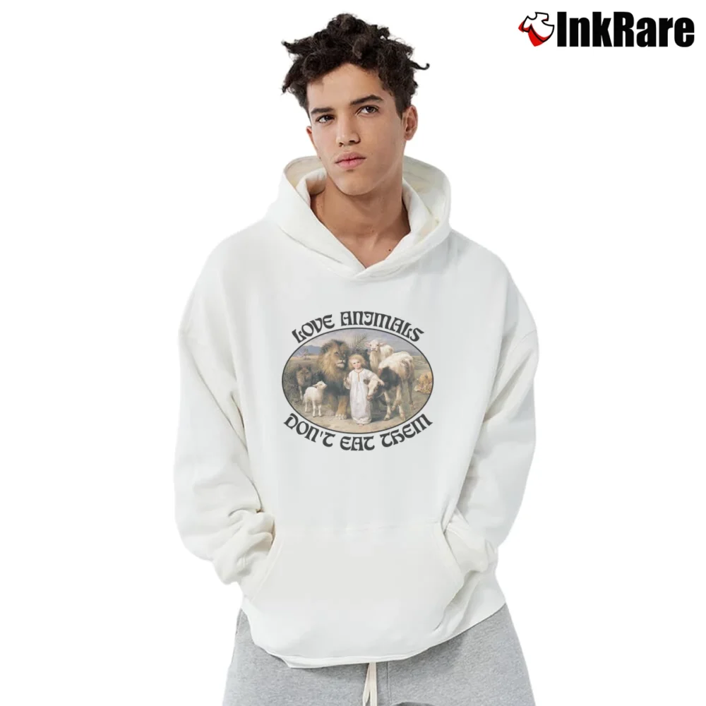 Men’s Love Animals Don't Eat Them Vegan With Lion And Lamb Pullover Hoodie in white | Cozy, Durable, Modern Fit