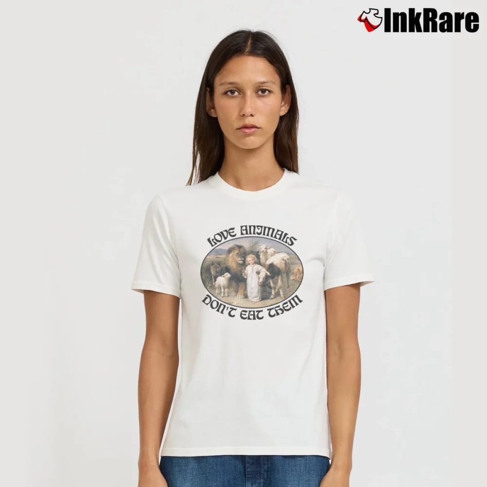 Women’s Love Animals Don't Eat Them Vegan With Lion And Lamb Signature T-Shirt in white | Soft, Flattering Fit