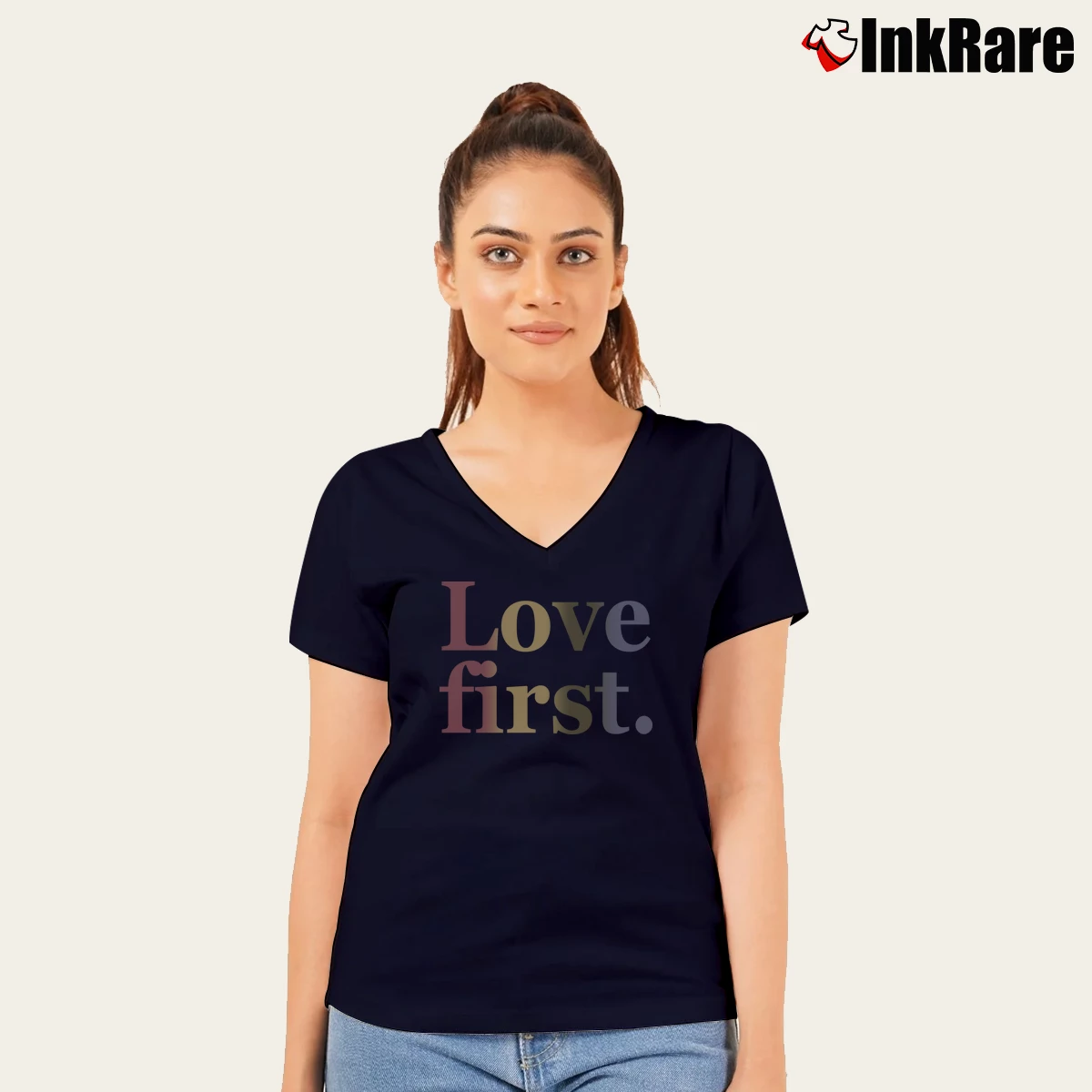Love First Women’s V-Neck Tee in navy – Flattering Fit Women’s Love First V-Neck Tee in navy | Chic Neckline, Soft Texture