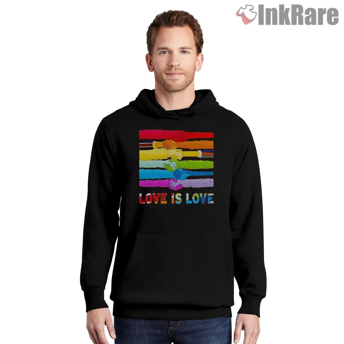 Love Is Love Rainbow Unity Hands Inclusive Message Shirt on black hoodie for men graphic tee