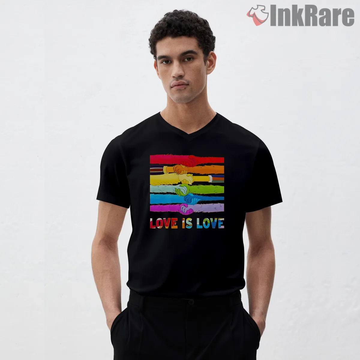 Love Is Love Rainbow Unity Hands Inclusive Message V Neck Black Love Is Love Rainbow Unity Hands Inclusive Message Shirt on black v-neck shirt for men graphic tee
