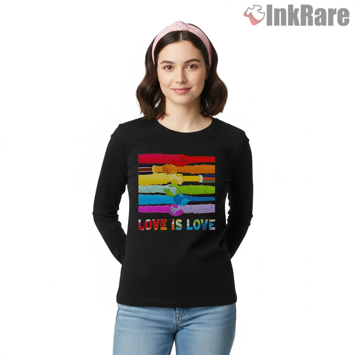 Love Is Love Rainbow Unity Hands Inclusive Message Long Sleeve Black Love Is Love Rainbow Unity Hands Inclusive Message Shirt on black long sleeve shirt for women graphic tee