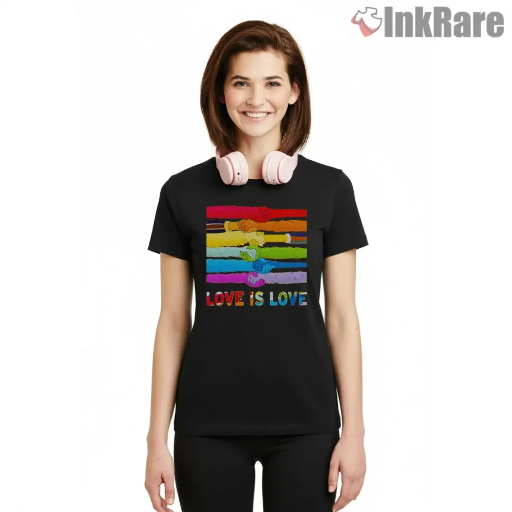 Love Is Love Rainbow Unity Hands Inclusive Message Shirt on black short sleeve shirt for women graphic tee