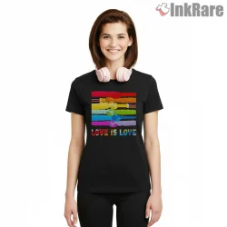 Love Is Love Rainbow Unity Hands Inclusive Message Shirt on black short sleeve shirt for women graphic tee