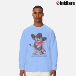 Men’s Love That Country Meowsic Cat Cowboy Graphic Long-Sleeve Shirt in light blue | Sleek, Lightweight, Year-Round Wear