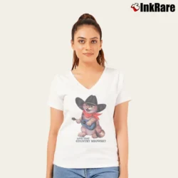 Women’s Love That Country Meowsic Cat Cowboy Graphic V-Neck Tee in white | Chic Neckline, Soft Texture