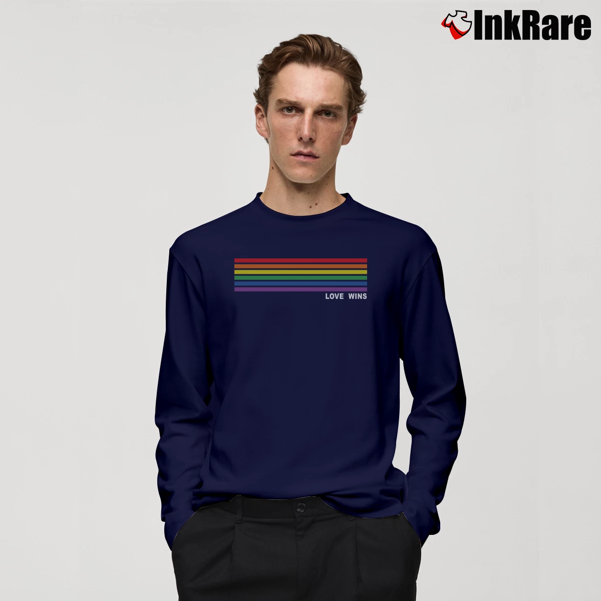 Men’s Love Wins Pride Equality Rainbow Flag Rainbow Bisexual Long-Sleeve Shirt in navy | Sleek, Lightweight, Year-Round Wear