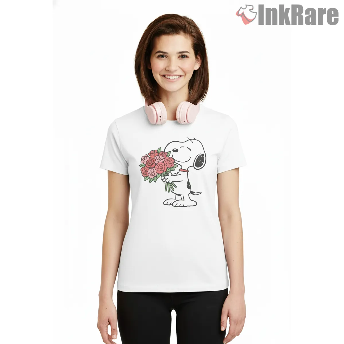 Lovely Snoopy Romantic Rose Shirt on white short sleeve shirt for women graphic tee