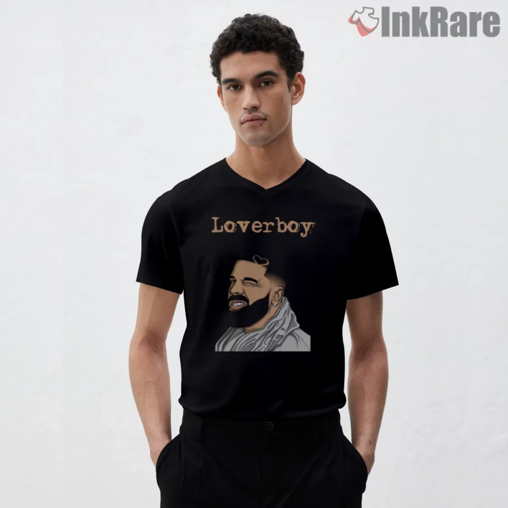 Lover Boy Drake Cartoon Portrait Shirt on black v-neck shirt for men graphic tee
