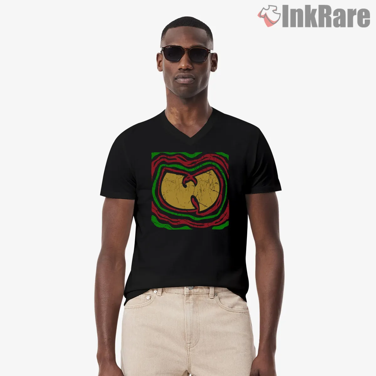 Low End Theory Inspired Wu Tang Parody V Neck Black Low End Theory Inspired Wu Tang Parody Shirt on black v-neck shirt for men graphic tee
