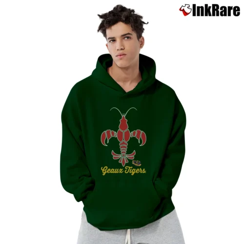 LSU Tigers Crawfish Fleur De Lis Graphic Men’s Pullover Hoodie in forest green – Ultimate Warmth Men’s LSU Tigers Crawfish Fleur De Lis Graphic Pullover Hoodie in forest green | Cozy, Durable, Modern Fit