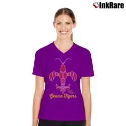 Women’s LSU Tigers Crawfish Fleur De Lis Graphic V-Neck Tee in purple | Chic Neckline, Soft Texture