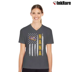 Women’s LSU Tigers Flag Graphic Nana Fan V-Neck Tee in charcoal | Chic Neckline, Soft Texture