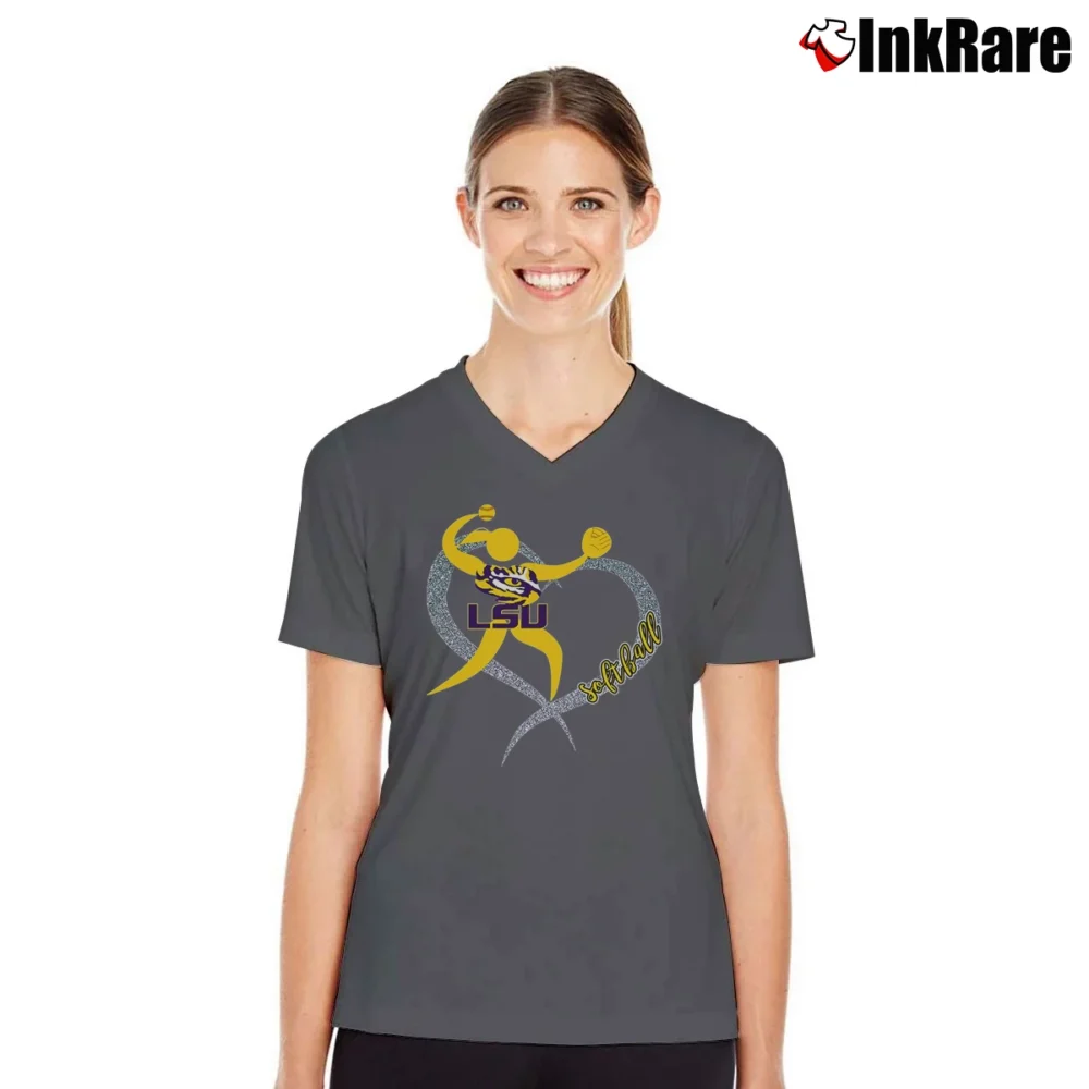 Women’s LSU Tigers Girls Softball V-Neck Tee in charcoal | Chic Neckline, Soft Texture