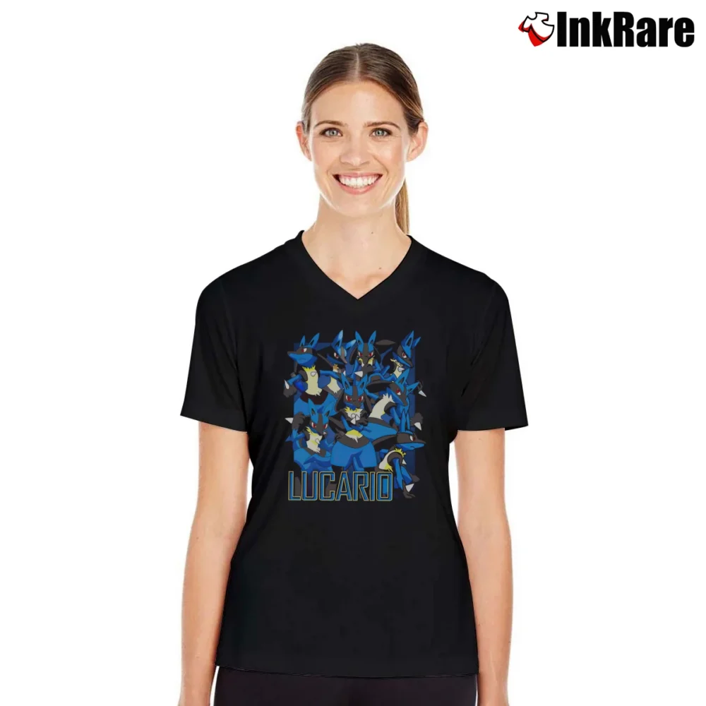 Women’s Lucario Pokemon Retro Custom Graphic V-Neck Tee in black | Chic Neckline, Soft Texture