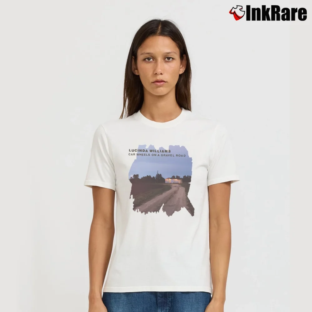 Women’s Lucinda Williams Car Wheels Gravel Road Signature T-Shirt in white | Soft, Flattering Fit