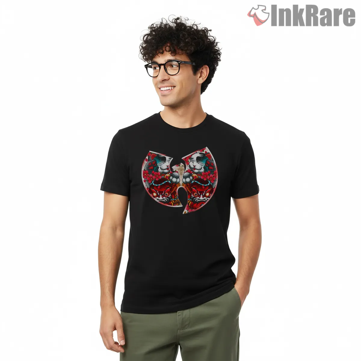 Lucky Cat Floral Wu Tang Logo Short Sleeve Black Lucky Cat Floral Wu Tang Logo Shirt on black short sleeve shirt for men graphic tee