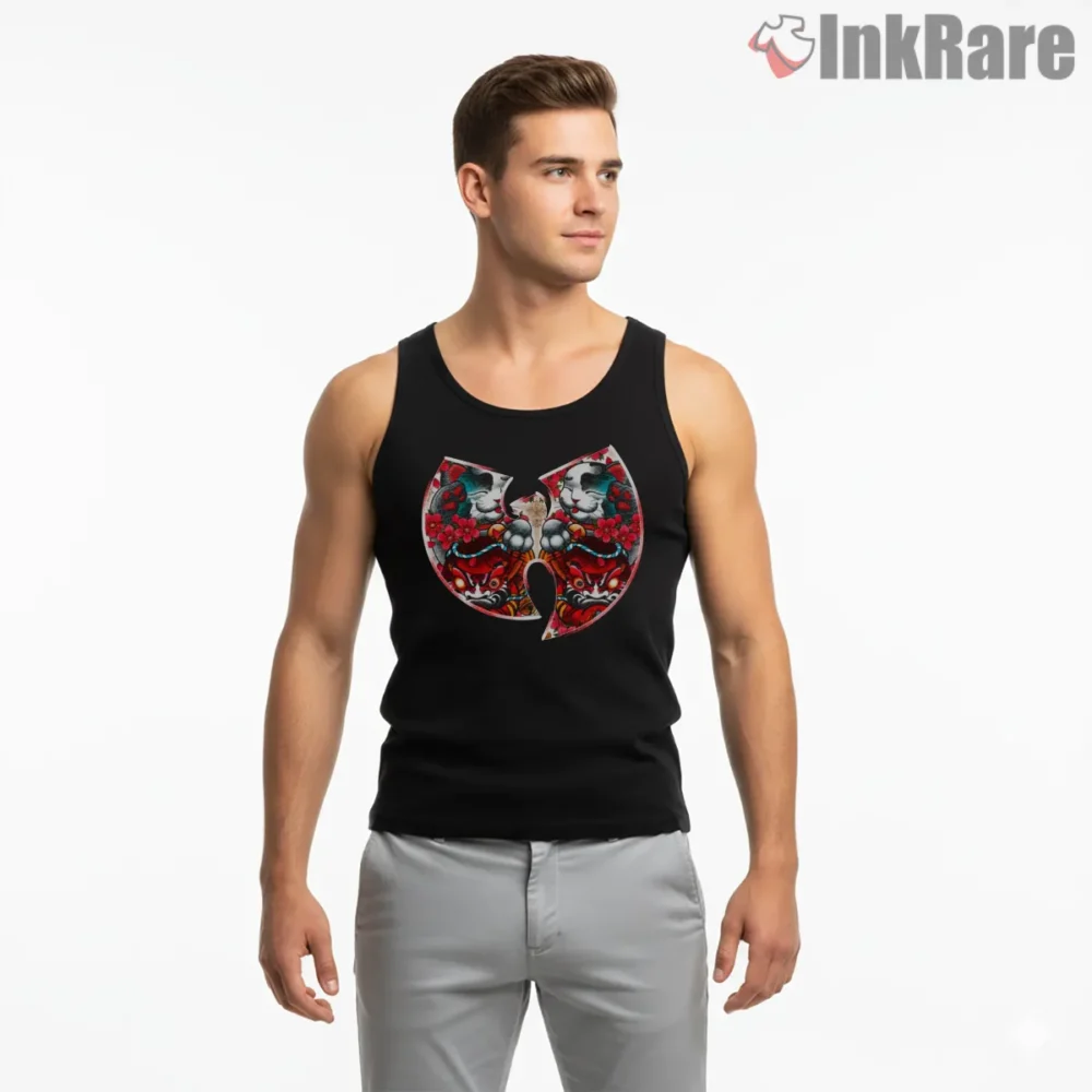 Lucky Cat Floral Wu Tang Logo Shirt on black tank top for men graphic tee