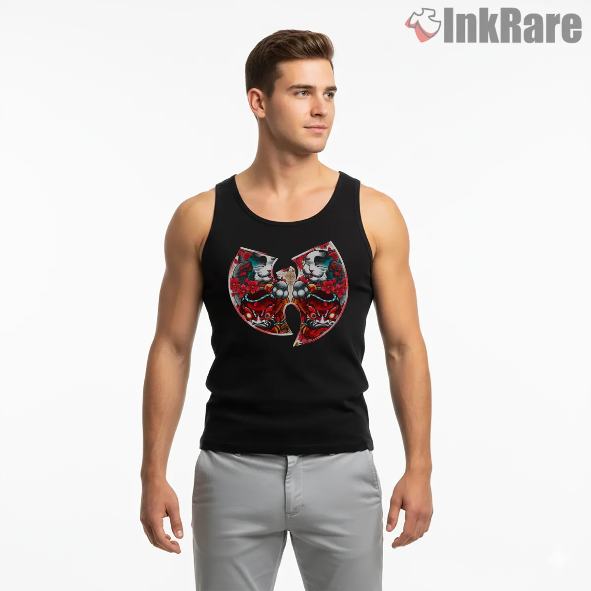 Lucky Cat Floral Wu Tang Logo Tank Top Black Lucky Cat Floral Wu Tang Logo Shirt on black tank top for men graphic tee