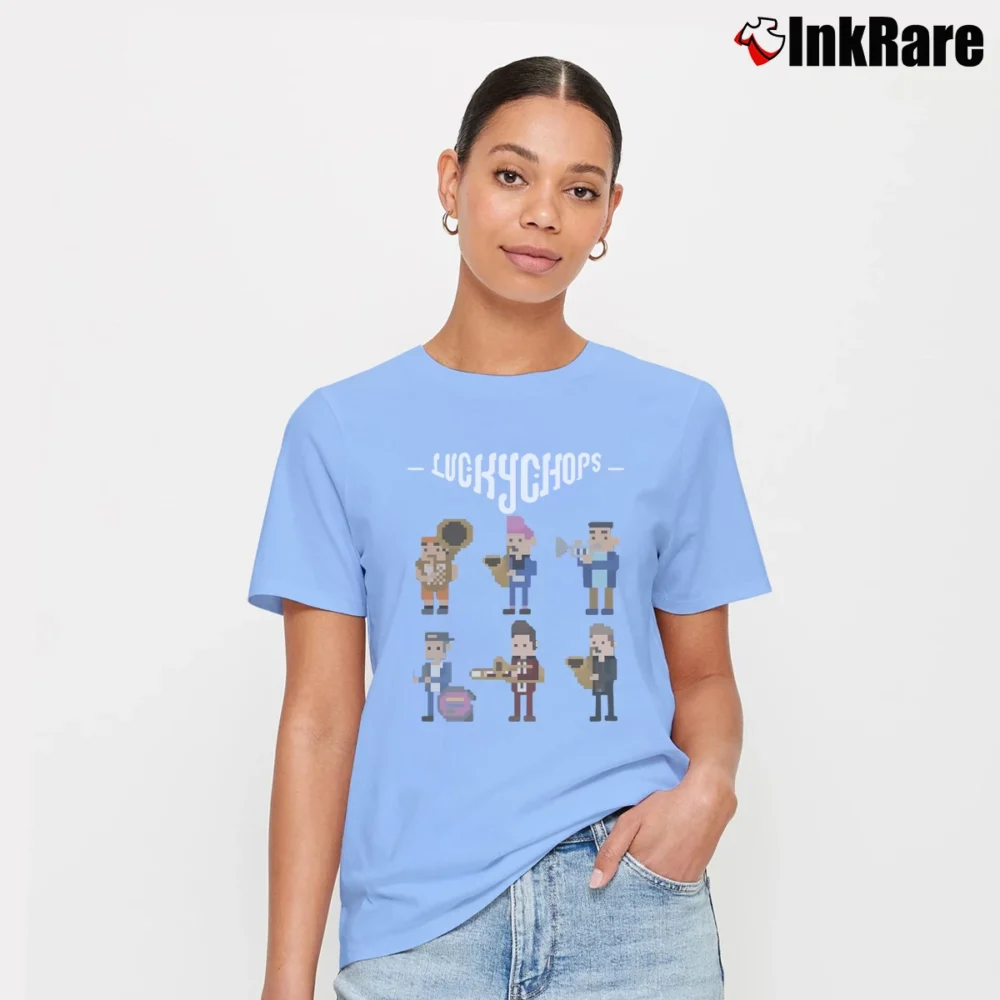 Women’s Lucky Chops Chibi Music Band Fan Signature T-Shirt in light blue | Soft, Flattering Fit