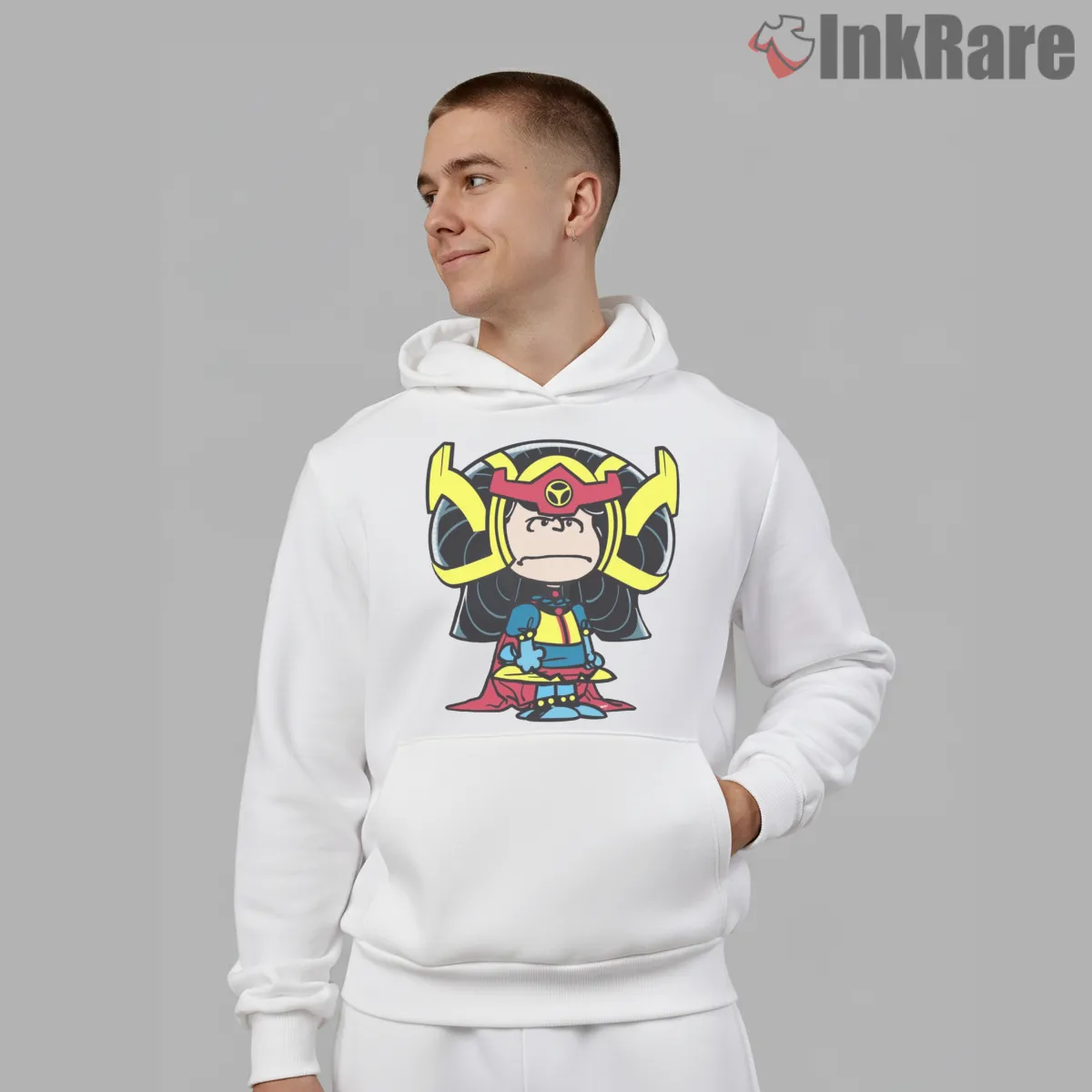 Lucy Bold Graphic Hero Style Shirt on white hoodie for men graphic tee