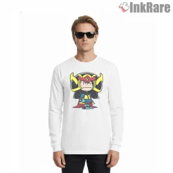 Lucy Bold Graphic Hero Style Shirt on white long sleeve shirt for men graphic tee