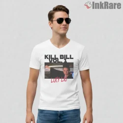 Lucy Liu O Ren Ishii Movie Frame Tribute Shirt on white v-neck shirt for men graphic tee