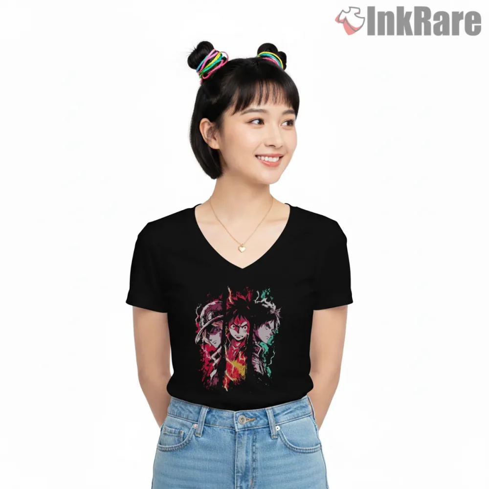 Luffy Ace Sabo Brotherhood Fire Splatter Anime Shirt on black v-neck shirt for women graphic tee