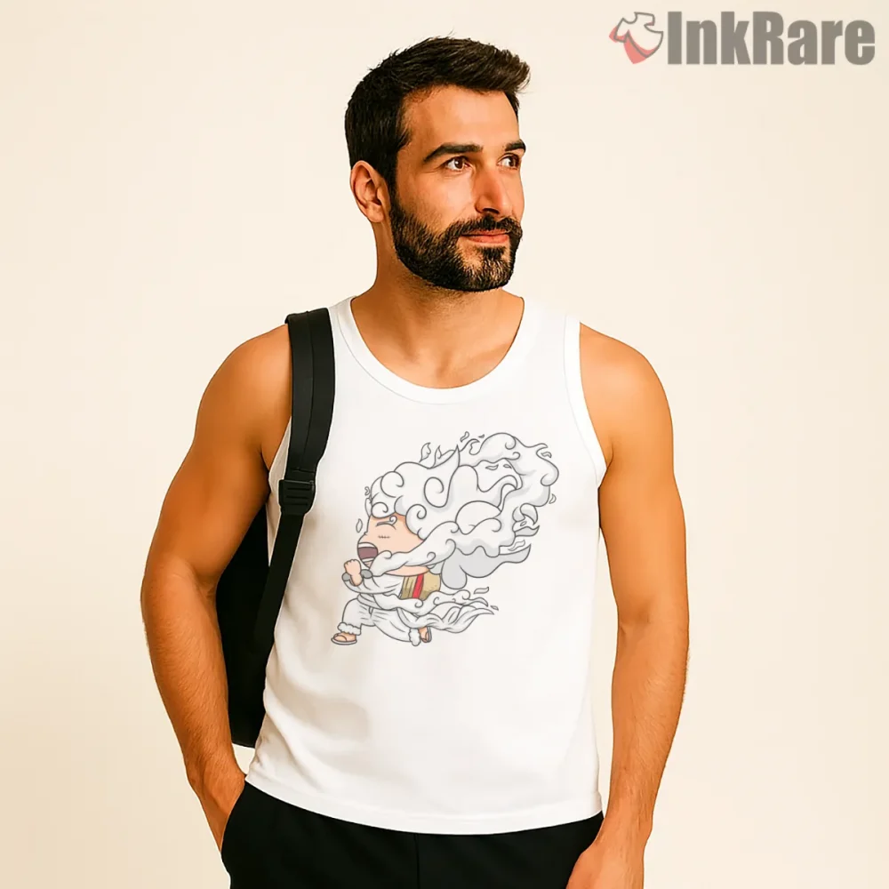 Luffy Gear Five Nika Chibi Awakening Anime Shirt on white tank top for men graphic tee