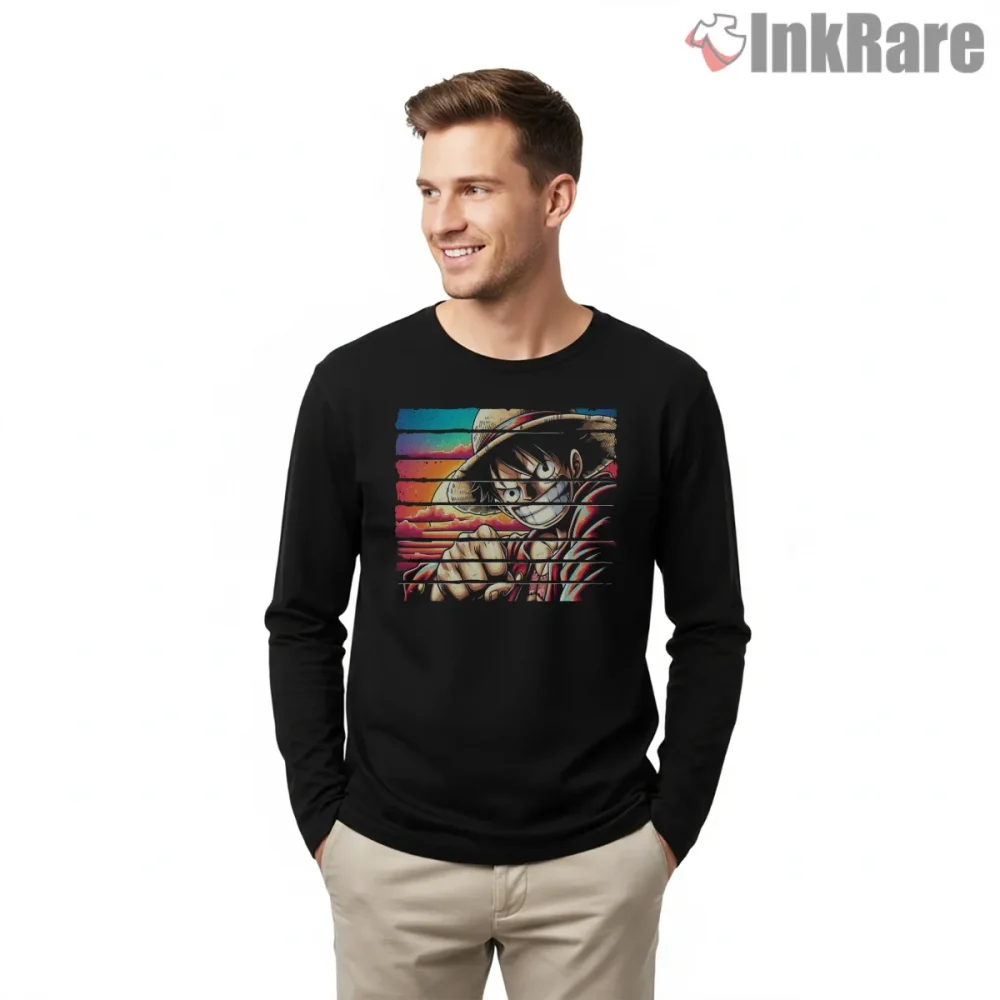 Luffy Gear Five Sunrise Power Punch Anime Shirt on black long sleeve shirt for men graphic tee