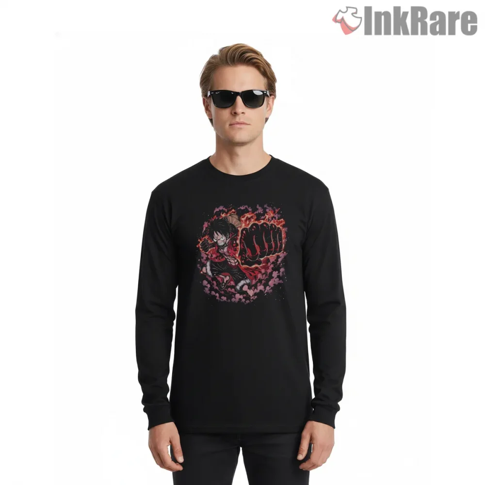 Luffy Gear Fourth Flaming Red Hawk Anime Shirt on black long sleeve shirt for men graphic tee