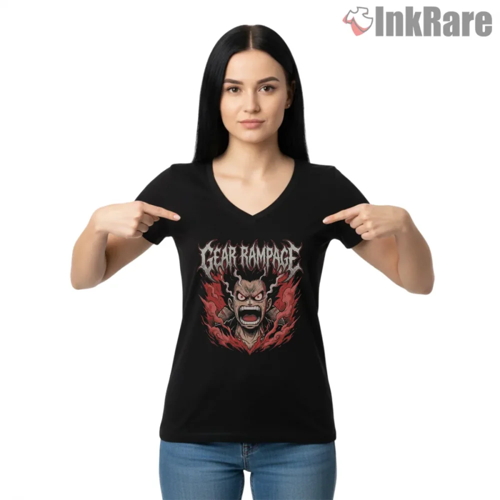 Luffy Gear Fourth Rampage Power Anime Shirt on black v-neck shirt for women graphic tee