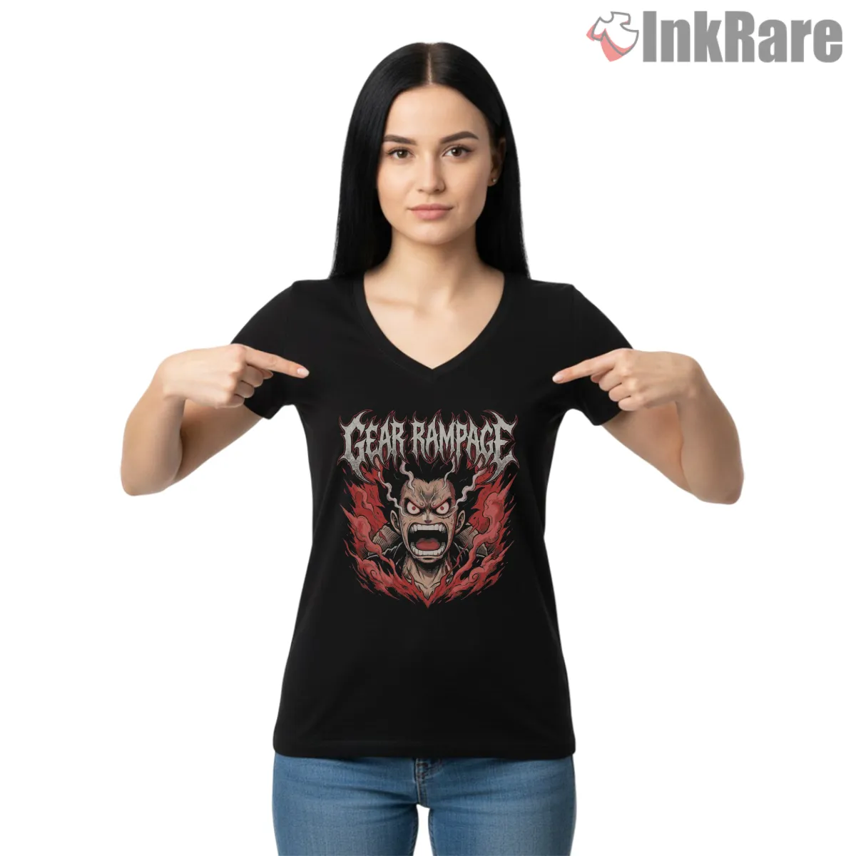 Luffy Gear Fourth Rampage Power Anime V Neck Black Luffy Gear Fourth Rampage Power Anime Shirt on black v-neck shirt for women graphic tee