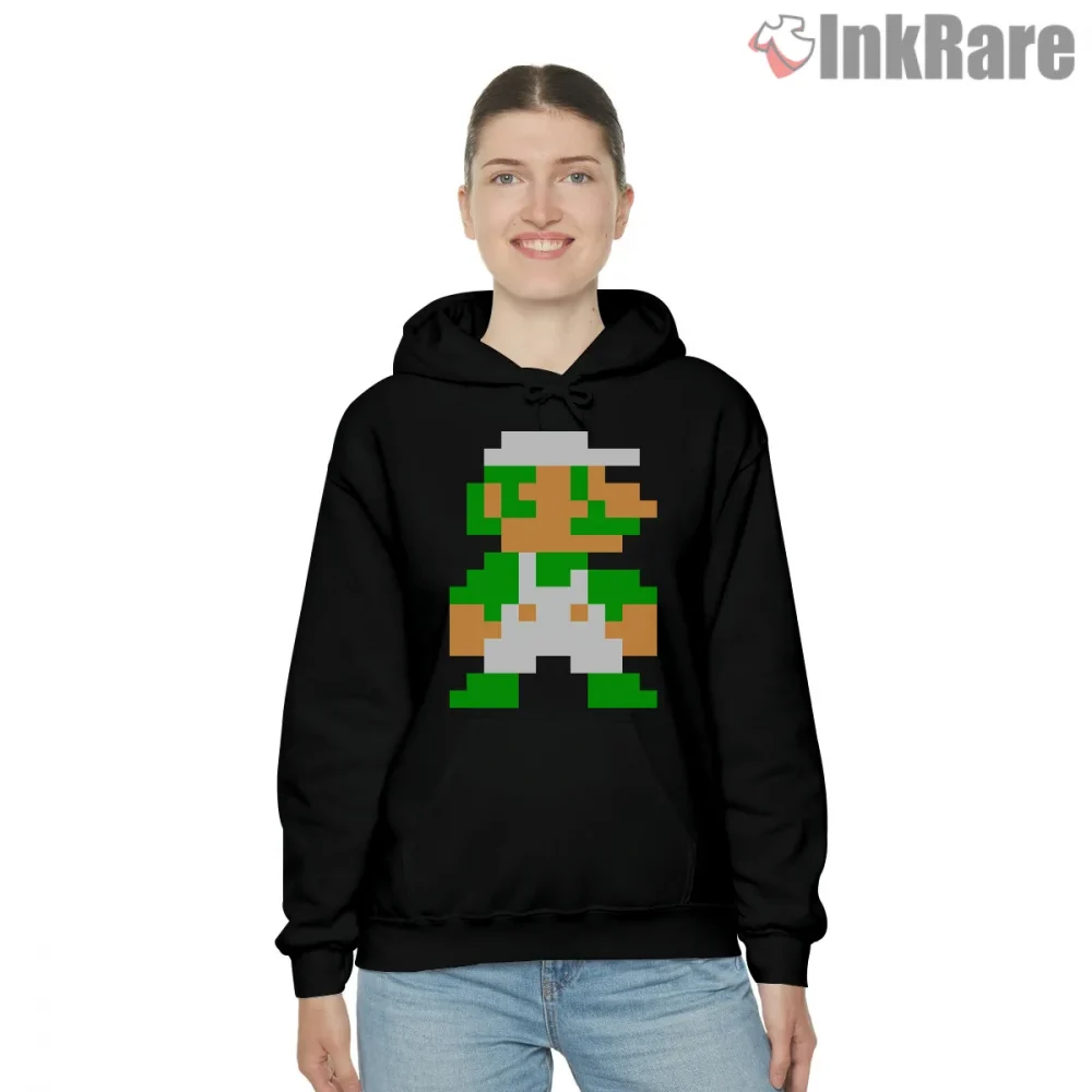 Luigi 8 Bit Classic Pixel Retro Gaming Shirt on black hoodie for women graphic tee