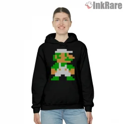 Luigi 8 Bit Classic Pixel Retro Gaming Shirt on black hoodie for women graphic tee