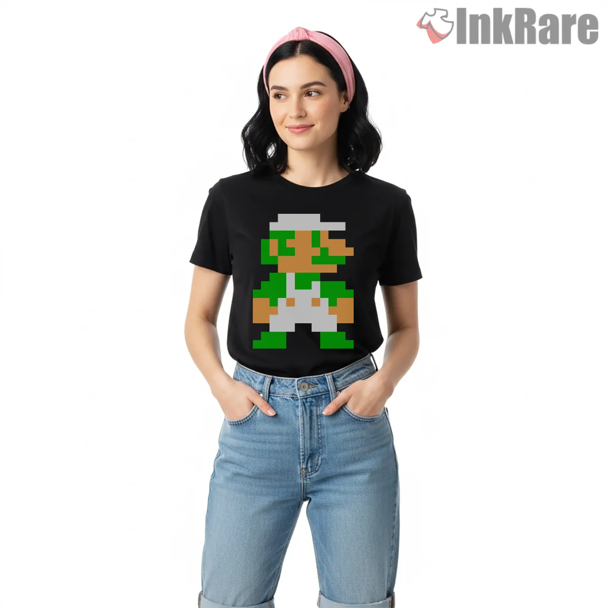 Luigi 8 Bit Classic Pixel Retro Gaming Shirt on black short sleeve shirt for women graphic tee