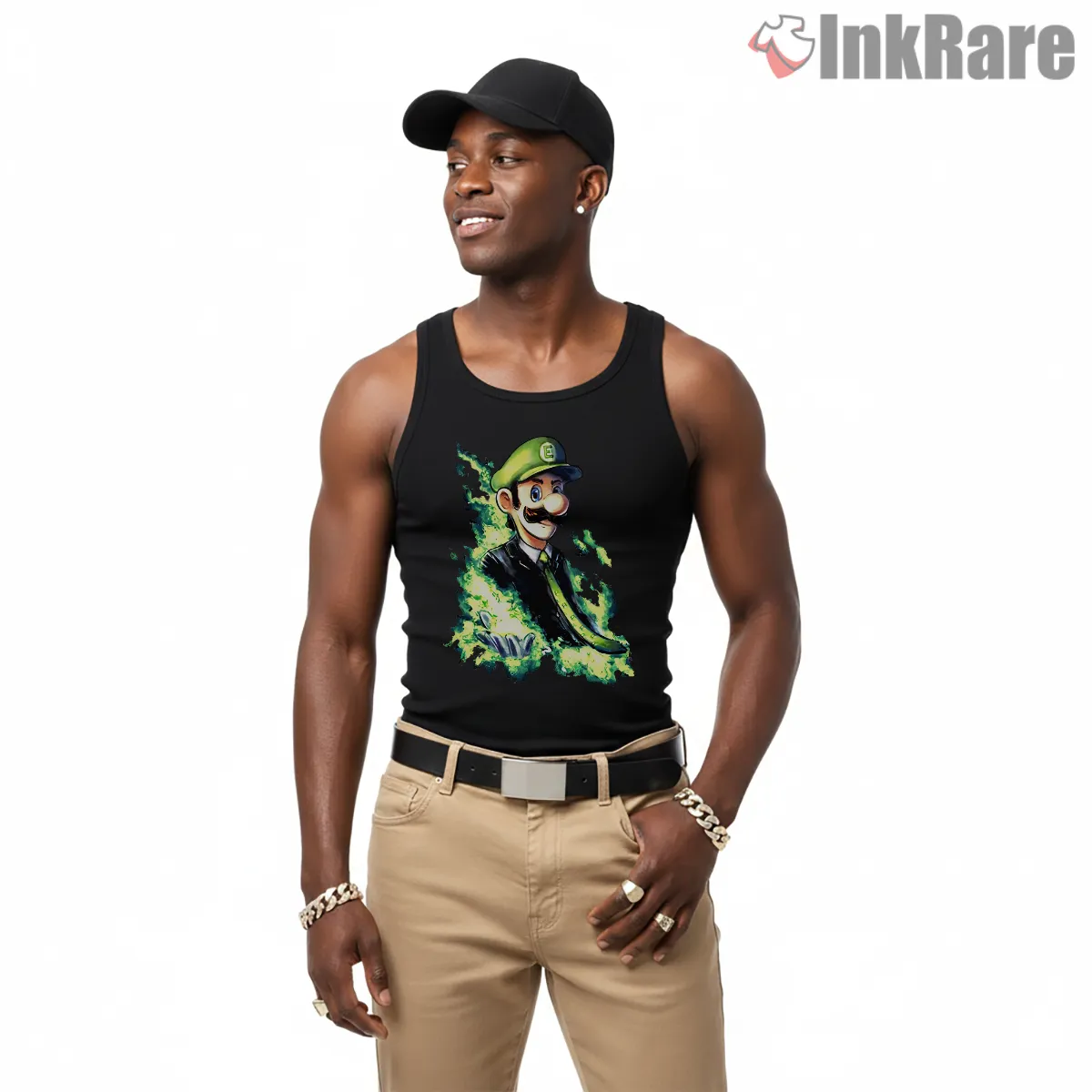 Luigi Elegant Suit Neon Ghost Aura Shirt on black tank top for men graphic tee