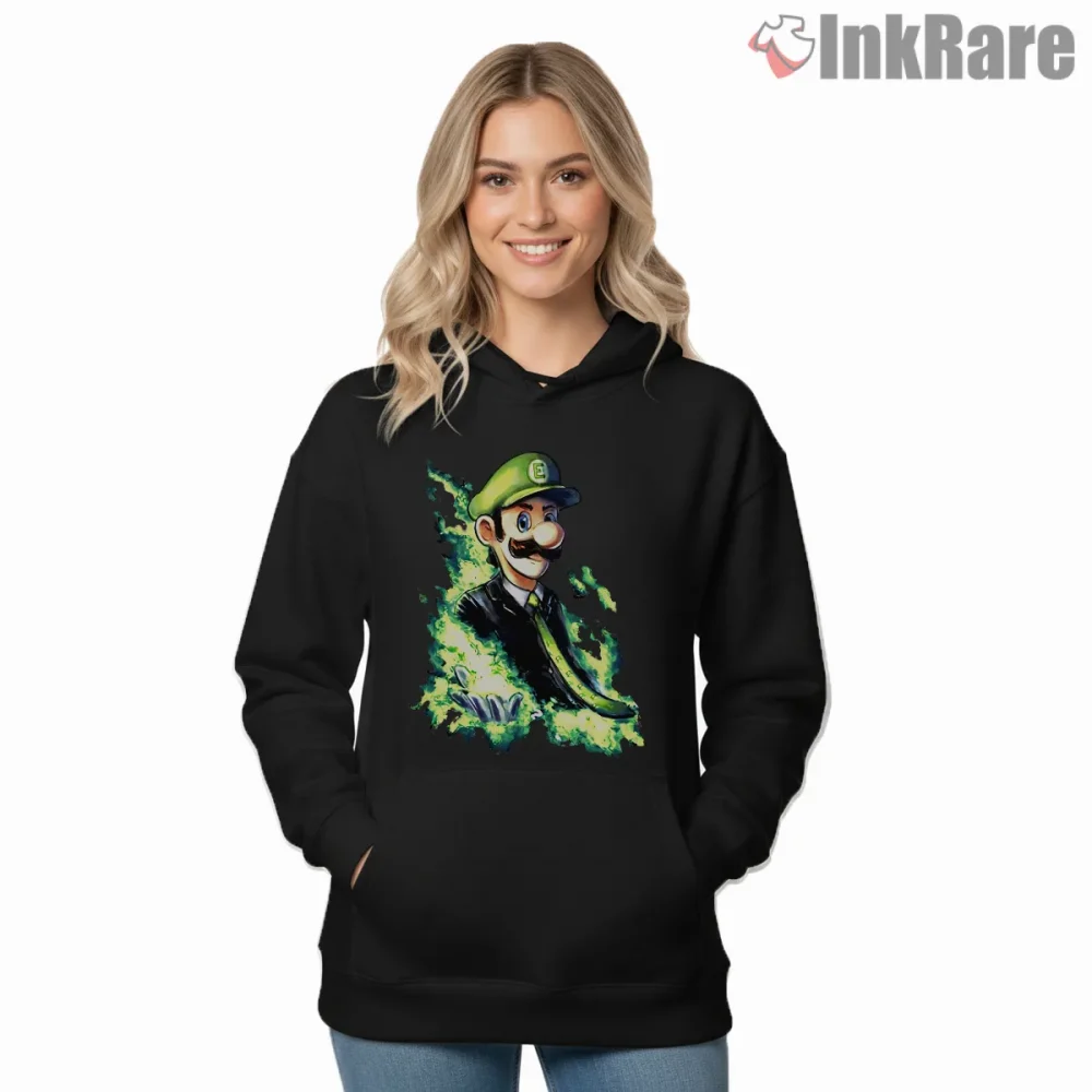 Luigi Elegant Suit Neon Ghost Aura Shirt on black hoodie for women graphic tee