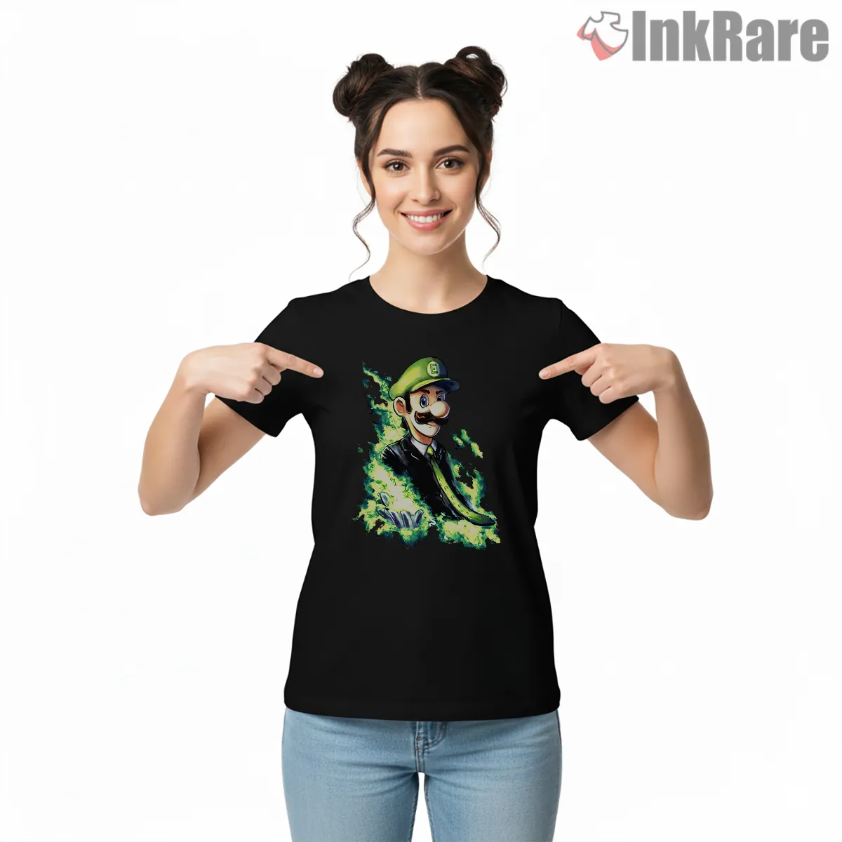 Luigi Elegant Suit Neon Ghost Aura Short Sleeve Black Luigi Elegant Suit Neon Ghost Aura Shirt on black short sleeve shirt for women graphic tee