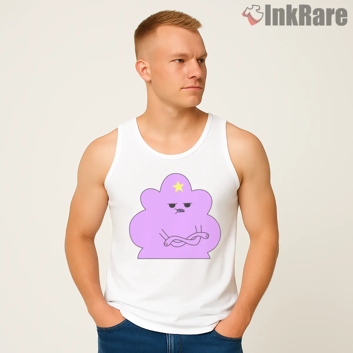Lumpy Space Princess Unhappy Expression Cartoon Tank Top White Lumpy Space Princess Unhappy Expression Cartoon Shirt on white tank top for men graphic tee