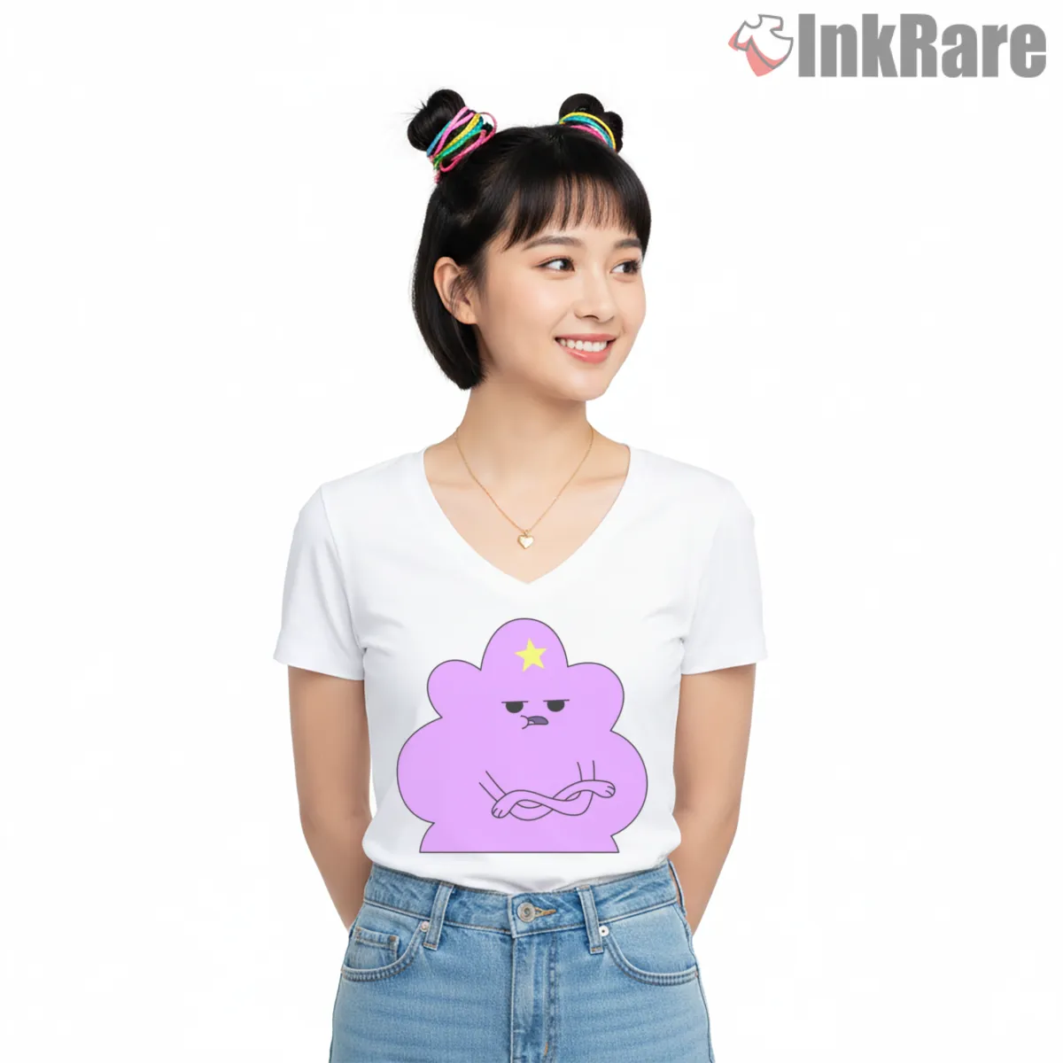 Lumpy Space Princess Unhappy Expression Cartoon Shirt on white v-neck shirt for women graphic tee