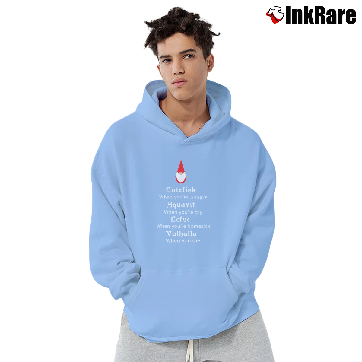 Men’s Lutefisk Aquavit Lefse Valhalla Viking Scandinavian Poem Pullover Hoodie in light blue | Cozy, Durable, Modern Fit