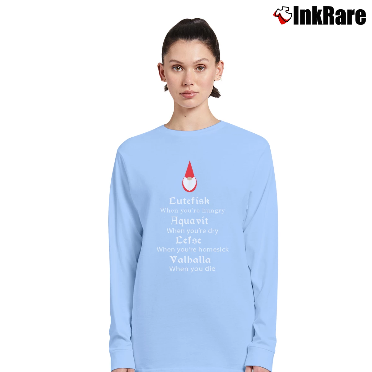 Women’s Lutefisk Aquavit Lefse Valhalla Viking Scandinavian Poem Long-Sleeve Top in light blue | Sleek, Versatile, All-Season