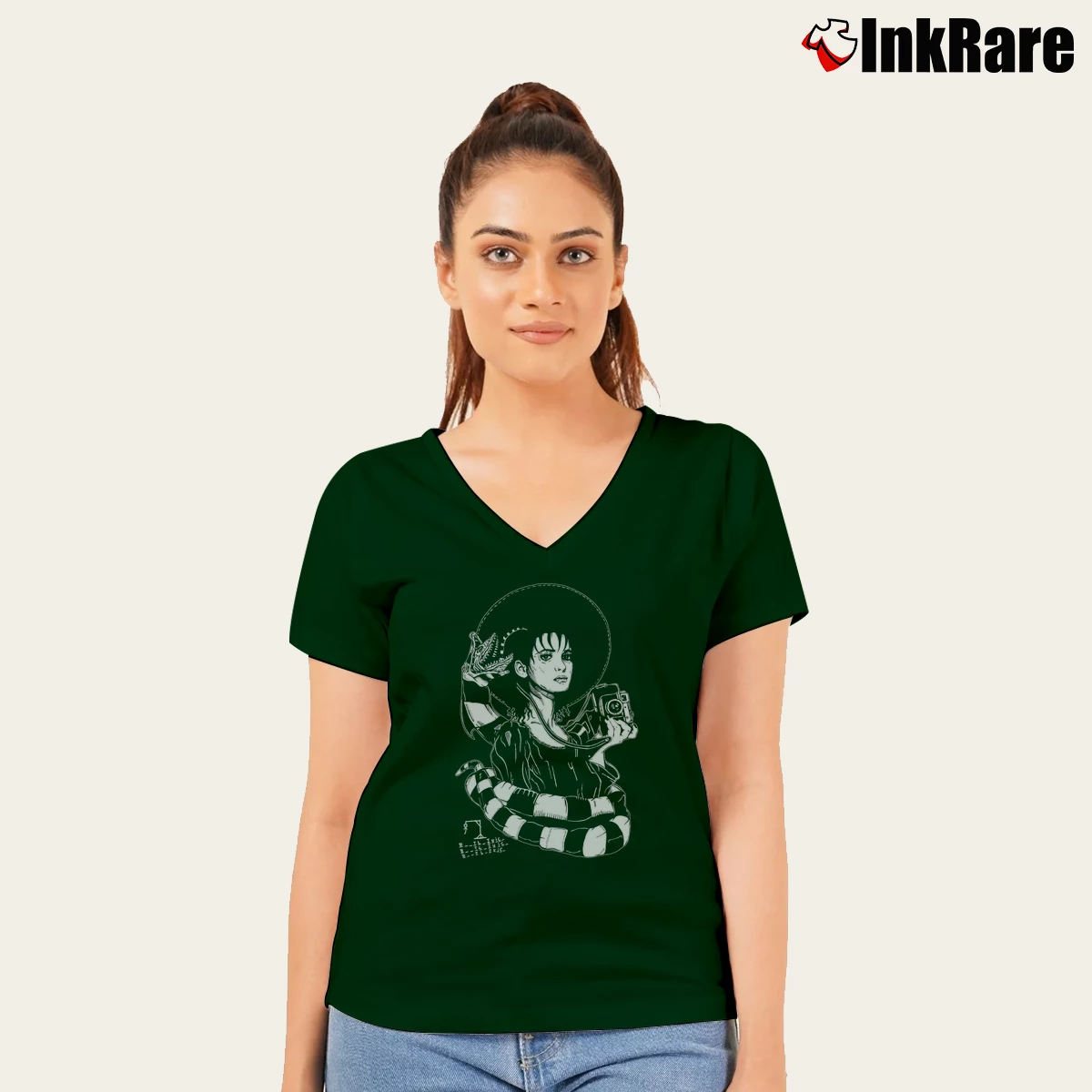 Lydia Deetz Beetlejuice Women’s V-Neck Tee in forest green – Flattering Fit Women’s Lydia Deetz Beetlejuice V-Neck Tee in forest green | Chic Neckline, Soft Texture