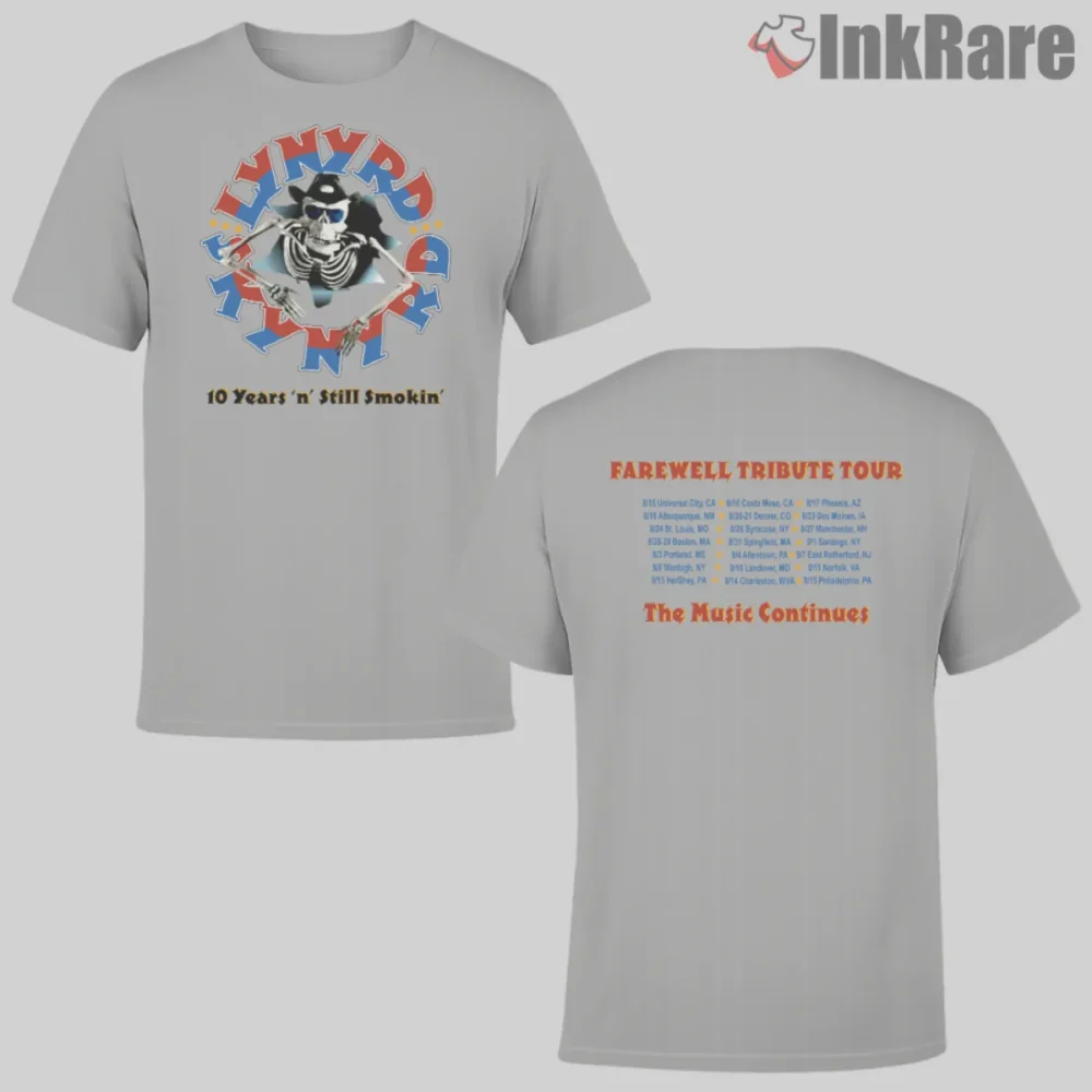 Lynyrd Skynyrd 10 Years Still Smokin Shirt two sided front and back on sport grey