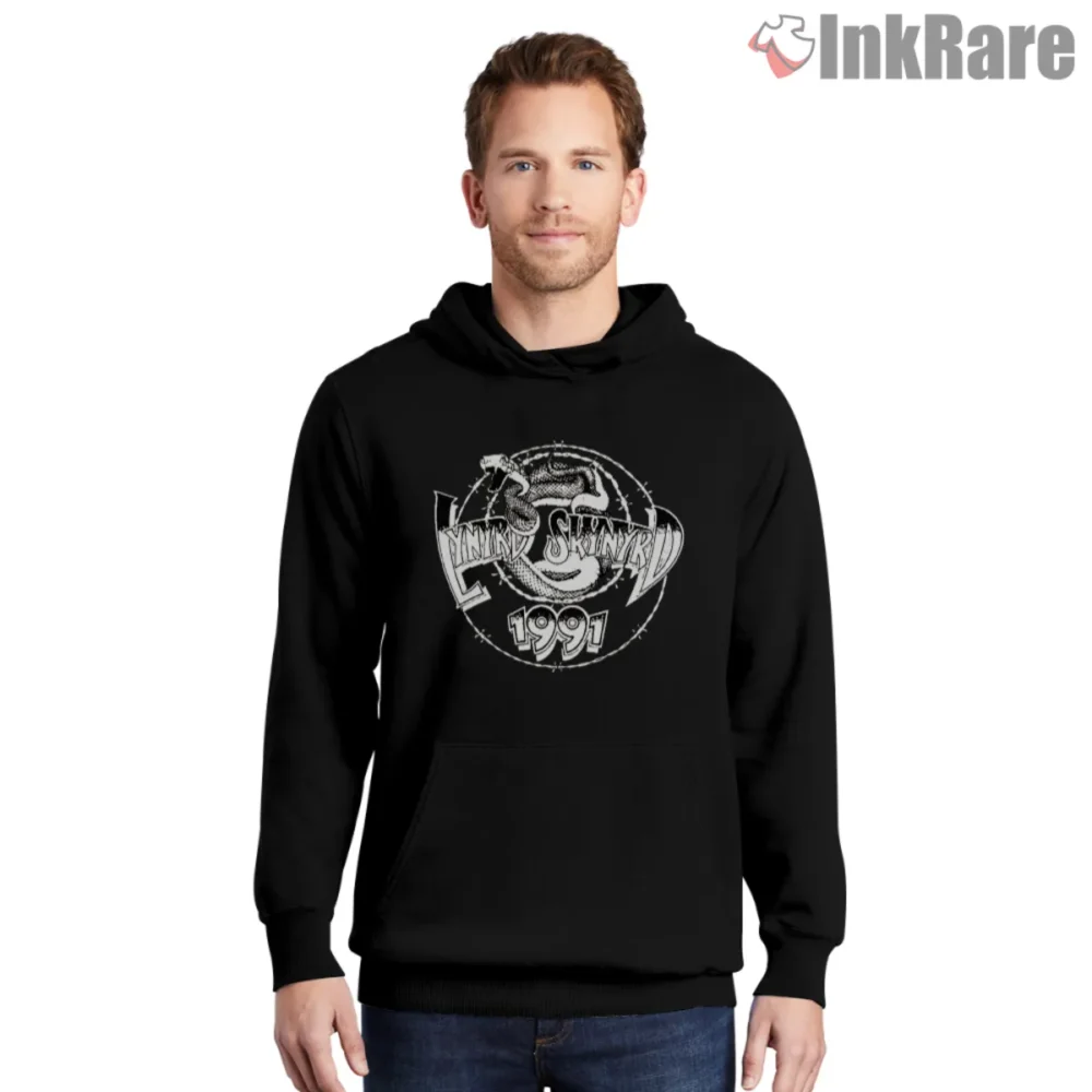 Black hoodie with 1991 snake emblem graphic